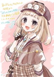 1girl :d black-framed_eyewear black_gloves blush bolo_tie brown_capelet brown_hair brown_hat brown_skirt capelet collared_shirt commentary_request deerstalker eyewear_on_head fang gloves grey_eyes half_gloves hand_up harapeko_shoujo_to_tantei_to haruno_rikka hat highres index_finger_raised long_hair long_sleeves looking_at_viewer open_mouth plaid_clothes plaid_hat plaid_skirt rino_cnc round_eyewear shirt skirt smile solo translation_request white_shirt