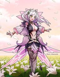 1girl :d aversa_(fire_emblem) aversa_(fire_emblem)_(cosplay) aversa_(resplendent)_(fire_emblem) breasts bridal_gauntlets center_opening cleavage cosplay falling_petals female_robin_(fire_emblem) fire_emblem fire_emblem_awakening fire_emblem_heroes flower full_body grass grey_hair large_breasts long_hair long_sleeves navel nintendo open_mouth petals pink_background rein_creamsoda smile solo thighhighs twintails twitter_username white_hair yellow_eyes zettai_ryouiki
