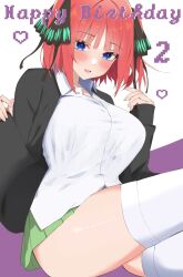 1girl black_jacket blue_eyes blush breasts butterfly_hair_ornament collared_shirt commentary_request go-toubun_no_hanayome green_skirt hair_ornament hands_up happy_birthday heart highres jacket kakato_0 large_breasts long_sleeves looking_at_viewer miniskirt nakano_nino open_clothes open_jacket open_mouth pink_hair pixel_heart pixel_text pleated_skirt purple_background school_uniform shirt short_hair sitting skirt smile solo thighhighs thighs two-tone_background two_side_up white_background white_shirt white_thighhighs
