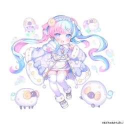 Rule 34 | 1girl, :d, bell, blue eyes, blue footwear, blue hair, blue hairband, blue ribbon, blush, bow, bowtie, carrot hair ornament, character request, coat, commentary request, copyright notice, curled horns, dress, fang, food-themed hair ornament, footwear bow, full body, fur-trimmed coat, fur-trimmed dress, fur-trimmed footwear, fur-trimmed sleeves, fur-trimmed thighhighs, fur trim, hair ornament, hair ribbon, hairband, hood, hood down, hooded coat, horns, index finger raised, lily ange, lolita hairband, long hair, long sleeves, looking at viewer, multicolored hair, neck bell, official art, open clothes, open coat, open mouth, pink hair, purple bow, purple bowtie, purple coat, ribbon, sheep, sheep horns, smile, solo, standing, standing on one leg, thighhighs, twintails, two-tone hair, white background, white thighhighs, yellow bow, yellow dress, yellow horns, yinpa (wanone500511)