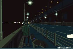 1girl animal animated animated_gif bridge car dog hand_in_pocket jacket lamppost motocross_saito motor_vehicle night original pixel_art railing road standing