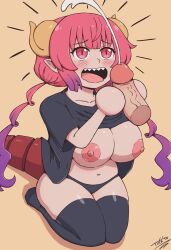 absurdres anime_girl belly black_panties black_socks blush breasts breasts_out clothes_lift cum dragon_girl handjob highres horns ilulu_(dragon_maid) kneeling kobayashi-san_chi_no_maidragon large_areolae large_breasts large_penis long_hair long_socks masturbation multicolored_hair navel nipples open_clothes open_mouth panties penis pink_eyes pink_hair pointy_ears purple_hair self-upload sharp_teeth shirt shirt_lift simple_background socks surprised tail teeth tixxto tongue twintails underwear veins veiny_penis