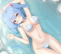 absurdres bikini blue_bikini blue_eyes blue_hair blush breasts cleavage commentary_request from_above highres hyakuya_iori kawashiro_nitori large_breasts looking_at_viewer navel short_hair signature solo striped_bikini striped_clothes swimsuit touhou twitter_username two_side_up undone_bikini variant_set wading white_bikini