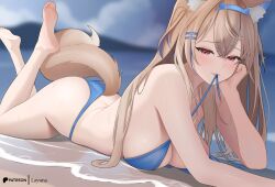 1girl =_hair_ornament animal_ear_fluff animal_ears ass bandaid bandaid_hair_ornament barefoot beach bikini blonde_hair blue_bikini blue_hair blue_hairband blush breasts cleavage commentary crossed_bangs day dog_ears dog_girl dog_tail double-parted_bangs feet_up fuwawa_abyssgard hair_between_eyes hair_ornament hairband hairclip highres hololive hololive_english horn_hairband large_breasts layunaart long_hair looking_at_viewer lying mouth_hold multicolored_hair on_stomach outdoors red_eyes soles solo streaked_hair swimsuit symbol-only_commentary tail the_pose two_side_up untied_bikini_top virtual_youtuber