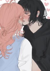 2girls black_hair black_hoodie blush commentary english_commentary facing_away grey_eyes heart highres hood hoodie kininatteru_hito_ga_otoko_ja_nakatta kiss koga_mitsuki lixxx_066 long_hair looking_at_another multiple_girls oosawa_aya pink_hair short_hair upper_body white_background yuri