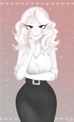 belt black_belt black_skirt borrowed_character breasts collarbone collared_shirt colored_skin fangs gallaxi gradient_background hand_on_own_arm heart highres huge_breasts index_finger_raised long_hair looking_at_viewer original red_eyes shirt signature skirt slit_pupils sparkle straight-on teeth white_hair white_shirt white_skin