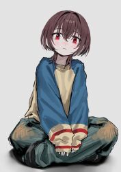 1girl brown_hair closed_mouth commentary crossed_ankles full_body grey_pants hair_intakes highres level9kaito long_sleeves looking_at_viewer medium_hair original pants red_eyes simple_background sitting sleeves_past_wrists solo