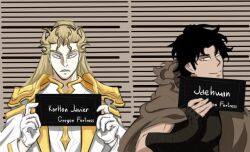 2boys armor black_hair black_shirt black_sleeves blonde_hair brown_cape cape closed_mouth disgust gloves jaehwan karlton_javier long_hair looking_at_viewer multiple_boys shirt smile the_world_after_the_fall very_long_hair white_gloves yellow_eyes