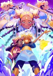 2girls afro_puffs aika_(kiana_mai) braid dark-skinned_female dark_skin fischsuppe glasses gun highres hoshi_(kiana_mai) i_don&#039;t_want_to_be_a_magical_girl magical_girl multiple_braids multiple_girls shirt smile star_guardian:_guardian_of_the_stars t-shirt very_dark_skin weapon zira_(kiana_mai)