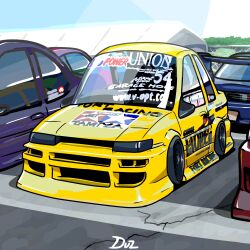 car chain-link_fence commentary duz english_commentary fence highres motor_vehicle nissan nissan_180sx no_humans original outdoors parking_lot race_vehicle racecar sky spoiler_(automobile) sponsor tamiya_incorporated toyota toyota_sprinter_trueno tree vehicle_focus