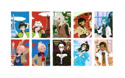 Rule 34 | 5boys, 5girls, black hair, black hat, blonde hair, blue shirt, bodysuit, bodysuit under clothes, border, bracelet, brown hair, brown jacket, brown vest, coat, corbeau (pokemon), cropped shirt, dark-skinned male, dark skin, emma (pokemon), floette, gen 6 pokemon, green jacket, green necktie, hair bun, hair ornament, hair rings, hand in pocket, hand up, hands up, harmony (pokemon), hashtag-only commentary, hat, highres, holding, holding poke ball, jacket, jewelry, lida (pokemon), long hair, long sleeves, mable (pokemon), majyo (witch poke), multiple boys, multiple girls, n (pokemon), naveen (pokemon), necktie, nintendo, open clothes, open jacket, orange vest, own hands together, paxton (pokemon), poke ball, poke ball (basic), pokemon, pokemon legends: z-a, red shirt, shirt, taunie (pokemon), topknot, urbain (pokemon), vest, white border, white coat, white hat, white shirt