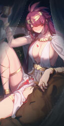 1girl absurdres animal arm_up belt blush bracelet breasts bright_pupils cape cleavage cleavage_cutout closed_mouth clothing_cutout collarbone commentary crown cup dress drunk epic_seven glass gold_belt gold_bracelet gold_crown gootai hair_over_one_eye highres holding holding_cup jewelry large_breasts lion lionheart_cermia_(epic_seven) long_hair one_eye_covered petals red_eyes red_hair red_petals sideboob sidelocks sitting sleeveless sleeveless_dress solo thigh_strap white_cape white_dress white_pupils