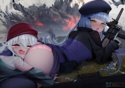 2girls aircraft animal_print annoyed ass assault_rifle blush bullpup caseless_firearm closed_eyes clothes_lift crying explosion face_in_ass g11_(girls&#039;_frontline) gdat girls&#039;_frontline green_eyes grey_hair gun h&amp;k_g11 h&amp;k_hk416 head_on_ass helicopter hk416_(girls&#039;_frontline) holding holding_gun holding_weapon hug hug_from_behind long_hair looking_at_another lying multiple_girls on_stomach panties pantyshot pleated_skirt print_panties rifle scarf_on_head skirt skirt_lift suppressor tattoo teardrop teardrop_facial_mark teardrop_tattoo tears trigger_discipline underwear weapon white_panties
