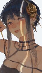 1girl amo_(amo_0514) arm_up armpit_crease bare_shoulders black_dress black_hair blood bloody_knife blush breasts chinese_commentary cleavage closed_mouth collarbone commentary_request crack_of_light dagger dress earrings eyelashes flower gold_earrings gold_flower gold_hairband hair_bun hair_flower hair_ornament hairband halter_dress halterneck head_tilt highres holding holding_weapon jewelry knife large_breasts light_smile long_hair looking_at_viewer nose_blush portrait raised_inner_eyebrows red_eyes rose sidelocks simple_background single_hair_bun sleeveless sleeveless_dress solo spy_x_family stiletto_(weapon) weapon white_background yor_briar