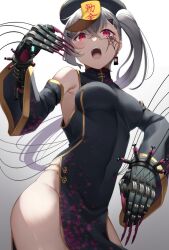 Rule 34 | 1girl, alternate costume, alternate hair color, alternate hairstyle, armpit crease, asymmetrical hair, bare shoulders, black dress, black hat, breasts, chinese clothes, clawed gauntlets, commentary, cosplay, crossed bangs, detached sleeves, dress, earrings, facial tattoo, floral print, floral print dress, from below, gold trim, gradient background, grey background, grey hair, hair between eyes, hair ornament, hairclip, halloween, hand up, hat, hat ornament, high side ponytail, highres, jewelry, jiangshi, jiangshi costume, long hair, long sleeves, looking at viewer, mechanical hands, medium breasts, morros, ofuda, ofuda on head, open mouth, original, print dress, qingdai guanmao, red eyes, side ponytail, side slit, solo, spider web tattoo, talisman, tangzhuang, tattoo, teeth, tekkou-chan (morros), thighs, triangle hair ornament, upper teeth only, white background