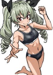 1girl absurdres anchovy_(girls_und_panzer) brown_eyes buruma doyagao drill_hair girls_und_panzer green_hair highres long_hair riokasen smug solo sports_bra twin_drills white_background