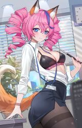 1girl absurdres animal_ears ass black_bra black_nails black_pantyhose blue_eyes blue_skirt blush bra breasts building ceiling_light clock closed_mouth collared_shirt commentary curtains day drill_hair fingernails fox_ears fox_girl fox_tail highres holding id_card large_breasts lens_flare long_hair long_sleeves makira_(resonance_solstice) multicolored_hair nail_polish pantyhose pink_hair plant purple_hair renberry77 resonance_solstice shirt skirt smile solo streaked_hair tail thighs twin_drills twintails twisted_torso two-tone_hair underwear wall_clock watch water white_shirt wristwatch