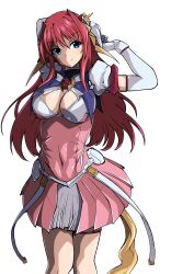 1girl absurdres aoi_tabane arms_up blue_eyes breasts choukou_(alicesoft) choukou_tenshi_escalayer cleavage cleavage_cutout closed_mouth clothing_cutout covered_navel dress elbow_gloves escalayer gloves hair_intakes highres kouenji_sayuka large_breasts long_hair looking_at_viewer magical_girl pink_dress red_hair simple_background smile solo standing tail white_background white_gloves