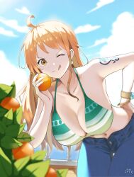1girl ;q absurdres bangle bare_shoulders bikini bikini_top_only blue_pants blue_sky bracelet breasts brown_eyes camus_(luthfancamus) cleavage closed_mouth cloud cloudy_sky commentary cowboy_shot denim earrings food fruit green_bikini halterneck hand_on_own_hip highres holding holding_food holding_fruit jeans jewelry large_breasts leaning_forward log_pose long_hair looking_at_viewer mandarin_orange nami_(one_piece) navel ocean one_eye_closed one_piece orange_hair orange_tree outdoors pants pearl_earrings shoulder_tattoo single_sidelock sky smile solo stomach swimsuit symbol-only_commentary tattoo thigh_gap tongue tongue_out wavy_hair