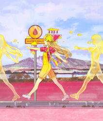 1girl absurdres alternate_costume arknights blonde_hair casual closed_eyes english_text full_body highres long_hair lyuqiu muelsyse_(arknights) open_mouth overalls red_shirt shirt sign smile striped_clothes striped_shirt walking yellow_overalls
