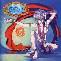 Rule 34 | 1990s (style), 1girl, anklet, armlet, arms up, bracelet, center opening, copyright name, fuuin densetsu crystania, grey hair, houtani yukitoshi, jewelry, knee up, lipstick, looking at viewer, makeup, non-web source, official art, outstretched arm, red eyes, red lips, retro artstyle, scan, short hair, sitting, smile, solo