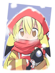 1girl blush border brown_eyes gen_1_pokemon hair_between_eyes headscarf highres long_sleeves looking_at_viewer nintendo personification pikachu pokemon rascal_(feuille) red_headscarf red_scarf scarf scarf_over_mouth short_hair solo upper_body white_border