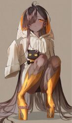 1girl ahoge black_cat black_panties blush boots brown_background brown_hair cat commentary dark-skinned_female dark_skin eyelashes hair_behind_ear hair_over_one_eye heel-less_heels highres hood hood_up hoodie knees long_hair looking_at_viewer orange_eyes original panties pantyshot parted_lips platform_boots platform_footwear sleeves_past_fingers sleeves_past_wrists solo squatting taigaai4649 toes underwear very_long_hair very_long_sleeves white_hoodie