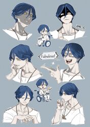 1boy blue_hair chibi closed_eyes closed_mouth commentary cropped_torso grey_background hair_between_eyes hand_on_own_cheek hand_on_own_face hand_up highres looking_at_viewer looking_to_the_side male_focus medy_hisho meguriya_ayumu multiple_expressions multiple_views open_mouth shaded_face shirt short_hair simple_background sitting smile speech_bubble symbol-only_commentary teeth toshi_densetsu_kaitai_center triangle_necklace upper_body wheelchair white_shirt yellow_eyes