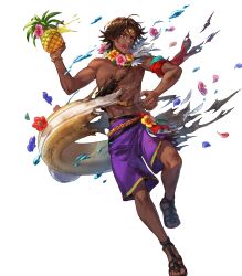 Rule 34 | 1boy, abs, attack, brown eyes, brown hair, damaged, dark-skinned male, dark skin, fire emblem, fire emblem engage, fire emblem heroes, flower, flower necklace, fogado (fire emblem), fogado (summer) (fire emblem), food, fruit, highres, innertube, jewelry, lei, male swimwear, necklace, nintendo, non-web source, official alternate costume, official art, open mouth, parted lips, pineapple, pointing, purple swim trunks, sandals, smile, solo, star-shaped pupils, star (symbol), swim ring, swim trunks, symbol-shaped pupils, torn clothes, transparent background