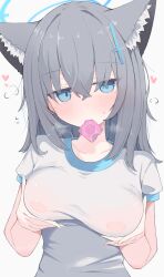 1girl absurdres animal_ear_fluff animal_ears blue_archive blue_eyes blue_halo blush breasts closed_mouth collarbone commentary condom condom_in_mouth condom_wrapper grabbing_own_breast grey_hair hair_between_eyes halo hands_up highres large_breasts long_hair looking_at_viewer mouth_hold nui_(nuinui0300) see-through_clothes see-through_shirt shiroko_(blue_archive) shirt simple_background solo upper_body variant_set white_background white_shirt wolf_ears
