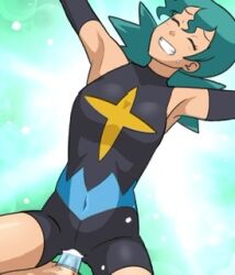 1boy 1girl aged_down armpits ass closed_eyes clothed_sex condom green_hair hetero jenny_(pokemon) konomiminoko long_glove marble_(pokemon) navel nintendo piercing piercing_through_clothes pokemon pokemon_(anime) pokemon_dp059 pokemon_dppt_(anime) sex skin_tight spandex