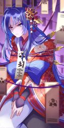 1boy alternate_costume alternate_hair_length alternate_hairstyle armor blunt_ends bright_pupils cable caramelo_game closed_mouth crossdressing crossdressing_(mtf) eyelashes floral_print floral_print_kimono genshin_impact hands_on_another&#039;s_thigh highres japanese_armor japanese_clothes kimono kote kurokote layered_kimono long_hair looking_at_viewer male_focus mitsudomoe_(shape) obi partially_shaded_face print_kimono purple_background purple_eyes purple_kimono red_kimono sash scaramouche_(genshin_impact) solo tomoe_(symbol) tsurime white_kimono white_pupils wispy_bangs