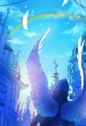 1girl akatsuki_uniform back bird blue_hair hair_bun high_collar konan_(naruto) long_sleeves meitarou naruto_(series) naruto_shippuuden outdoors paper rainbow short_hair wide_sleeves wings