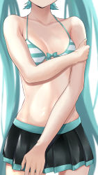 1girl absurdres aqua_bra aqua_hair aqua_nails arm_under_breasts backlighting black_skirt bra breast_focus breasts cleavage close-up covering_breasts covering_privates hand_on_own_arm hatsune_miku head_out_of_frame highres holding_own_arm long_hair miniskirt nail_polish no_shirt pleated_skirt skirt solo stomach striped_bra striped_clothes tatyaoekaki torso underwear undressing very_long_hair vocaloid