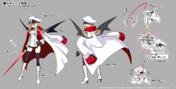 1girl back black_gloves black_thighhighs blonde_hair boots bright_pupils reference_sheet coat coat_on_shoulders concept_art copyright_notice demon_girl demon_wings disgaea disgaea_rpg energy_sword energy_whip epaulettes gloves grey_background hat high_heels highres holding holding_sword holding_weapon holding_whip knee_boots military military_uniform multiple_views non-web_source official_art outstretched_arm peaked_cap pointy_ears red_eyes rozalin short_hair simple_background slit_pupils smile spacecraft standing sword thighhighs turnaround weapon whip wings