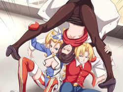 Rule 34 | 1boy, 2girls, bad id, bad pixiv id, blonde hair, blue eyes, boots, breasts, capcom, cleavage, glasses, high heels, justice gakuen, kinniku buster, legs, leotard, maasan, medium breasts, minazuki kyouko, moero! justice gakuen, multiple girls, navel, panties, panties under pantyhose, pantyhose, roy bromwell, ryona, shiritsu justice gakuen, shoes, spread legs, suplex, thigh boots, thighhighs, tiffany lords, top-down bottom-up, underboob, underwear, upside-down, upskirt, view between legs, wrestling