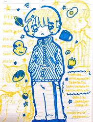 1other :&lt; abstract animal_ears blonde_hair cat_ears cat_tail cigarette coffee_mug cup earrings egg facing_to_the_side flower hair_ornament highres jacket jewelry jitome mug nandakana_a original pants paper_background planet rubber_duck saturn_(planet) shirt speech_bubble star_(symbol) star_hair_ornament star_symbol_background sweater t-shirt tail thought_bubble track_pants translation_request turtleneck turtleneck_sweater zipper