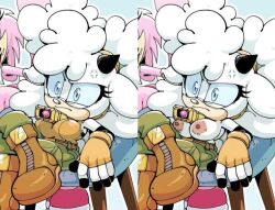 adam_bryce_thomas anger_vein angry bell blue_eyes boots breasts buckle bulging_eyes bulging_veins cargo_pants collar combat_boots eyelashes fingerless_gloves gloves horns inker_comics lanolin_the_sheep large_breasts nipples nude_edit nude_filter pants sega sheep_girl sheep_horns sitting sonic_(series) sonic_the_hedgehog_(idw) third-party_edit topless_female