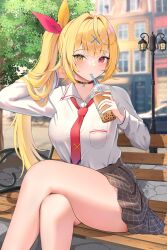 1girl absurdres black_choker blonde_hair blue_nails blurry blurry_background bubble_tea choker collared_shirt commentary_request crossed_legs cup day disposable_cup drinking hair_flaps hair_ornament hair_ribbon heterochromia highres holding holding_cup hoshikawa_sara hoshikawa_sara_(4th_costume) long_hair long_sleeves looking_at_viewer loose_necktie nail_polish necktie nijisanji official_alternate_costume on_bench outdoors p-tomi plaid_clothes plaid_skirt pleated_skirt red_eyes red_necktie ribbon school_uniform shirt shirt_tucked_in side_ponytail sitting skirt solo very_long_hair virtual_youtuber white_shirt x_hair_ornament yellow_eyes