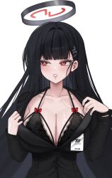 Rule 34 | 1girl, black bra, black hair, blue archive, blunt bangs, bra, breasts, clenched teeth, halo, highres, id card, lace, lace-trimmed bra, lace trim, large breasts, long hair, looking to the side, red eyes, rio (blue archive), rosumini, solo, teeth, underwear