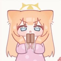 ... 1girl =_= animal_ears animated animated_gif blue_archive blue_eyes blunt_bangs blurry blush chibi closed_eyes closed_mouth dot_nose double_popsicle drooling ear_wiggle flower_symbol food frown halo holding holding_food holding_popsicle horuhara long_hair long_sleeves looking_at_viewer lowres mari_(blue_archive) neck_ribbon no_nose nose_blush o_o orange_hair pajamas pink_pajamas polka_dot polka_dot_pajamas popsicle pov pov_hands raised_eyebrows ribbon saliva teardrop unequal_popsicle_division upper_body v-shaped_eyebrows wide_oval_eyes yellow_halo