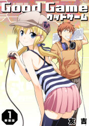 1boy 1girl black_thighhighs blonde_hair blue_eyes brown_hat brown_pants camisole commentary_request computer_keyboard copyright_name cover cover_page good_game hair_ornament hat headphones headphones_around_neck highres holding_computer_mouse hood hoodie low_twintails miniskirt orange_hair orange_hoodie pants pink_skirt pleated_skirt short_sleeves skirt striped_camisole thighhighs tomokichi twintails x_hair_ornament