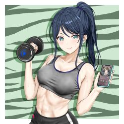 1girl armpit_crease black_hair black_pants border breasts cellphone cleavage closed_mouth collarbone commentary_request drop_shadow dumbbell earbuds earphones green_background green_eyes grey_sports_bra hair_tie hands_up highres holding holding_dumbbell holding_phone hoshino_ichika_(project_sekai) large_breasts linea_alba long_hair long_sidelocks looking_at_viewer navel no_shirt outside_border pants parted_lips phone ponytail project_sekai sidelocks smartphone smile solo sports_bra standing stomach sweat taut_clothes toned toned_female upper_body white_border zaeh7533