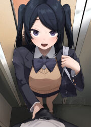 1boy 1girl :d absurdres bag belt black_hair black_skirt blazer blush bow bowtie brother_and_sister bulge commentary crotch_grab donkichikin fangs hetero highres inseki jacket loafers long_hair looking_at_viewer open_mouth original paid_reward_available pleated_skirt pov purple_eyes school_bag school_uniform shoes siblings skirt smile twintails