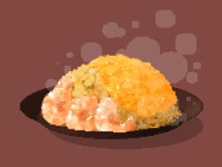 bowl brown_background egg_(food) egg_yolk food fried_egg fried_rice highres hisachan55cute no_humans original pixel_art scenery shrimp simple_background steaming_food