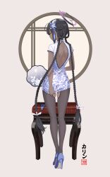1girl alternate_costume alternate_hairstyle back blue_archive blue_shoes braid brown_pantyhose china_dress chinese_clothes commentary_request dark-skinned_female dark_skin dress flower full_body grey_background hair_flower hair_ornament halo karin_(blue_archive) long_hair looking_at_viewer looking_back pantyhose sando_(dukedevil) shoes simple_background solo standing twin_braids very_long_hair white_dress yellow_eyes