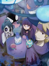 1girl 2boys ahoge allister_(pokemon) alternate_costume black_hair black_sweater blonde_hair blunt_bangs bob_cut buttons chandelure collarbone fire gastly gen_1_pokemon gen_5_pokemon gen_8_pokemon gengar ghost glasses headband highres holding holding_mask ichii_(blackbook0007) litwick mask morty_(pokemon) multiple_boys nintendo pokemon pokemon_(creature) pokemon_bw pokemon_hgss pokemon_swsh polteageist purple_fire purple_hair purple_headband purple_scarf purple_skirt rimless_eyewear round_eyewear scarf shauntal_(pokemon) short_hair sinistea skirt suspenders sweater very_short_hair