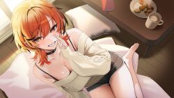 1girl absurdres bare_legs bare_shoulders barefoot black_choker black_shorts bra_strap breasts cable_knit choker cleavage dolphin_shorts from_above grin hand_up highres kazami_kuku large_breasts long_hair long_sleeves looking_at_viewer multicolored_hair nanashi_inc. off-shoulder_sweater off_shoulder orange_eyes orange_hair pillow ribbed_sweater short_shorts shorts smile solo streaked_hair sweater thighs virtual_youtuber white_sweater yan.c