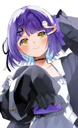 1girl black_cardigan black_choker cardigan choker colored_inner_hair dow_suitable ghost_hair_ornament hair_ornament hairpin highres long_sleeves multicolored_hair open_cardigan open_clothes parted_bangs purple_hair shinomiya_runa shinomiya_runa_(1st_costume) simple_background sleeves_past_fingers sleeves_past_wrists smile solo two_side_up upper_body v v_over_eye virtual_youtuber vspo! white_background white_chemise x_hair_ornament yellow_eyes