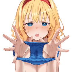 1girl alice_margatroid blonde_hair blue_bra blue_eyes blue_panties blush bra breasts cleavage commission frown hairband highres holding holding_panties holding_underwear holding_unworn_clothes large_breasts large_variant_set looking_at_viewer medium_hair mokumokuren_(atariya_kyoushitsu) open_mouth panties pixiv_commission presenting_removed_panties red_hairband simple_background solo stained_panties touhou underwear variant_set white_background